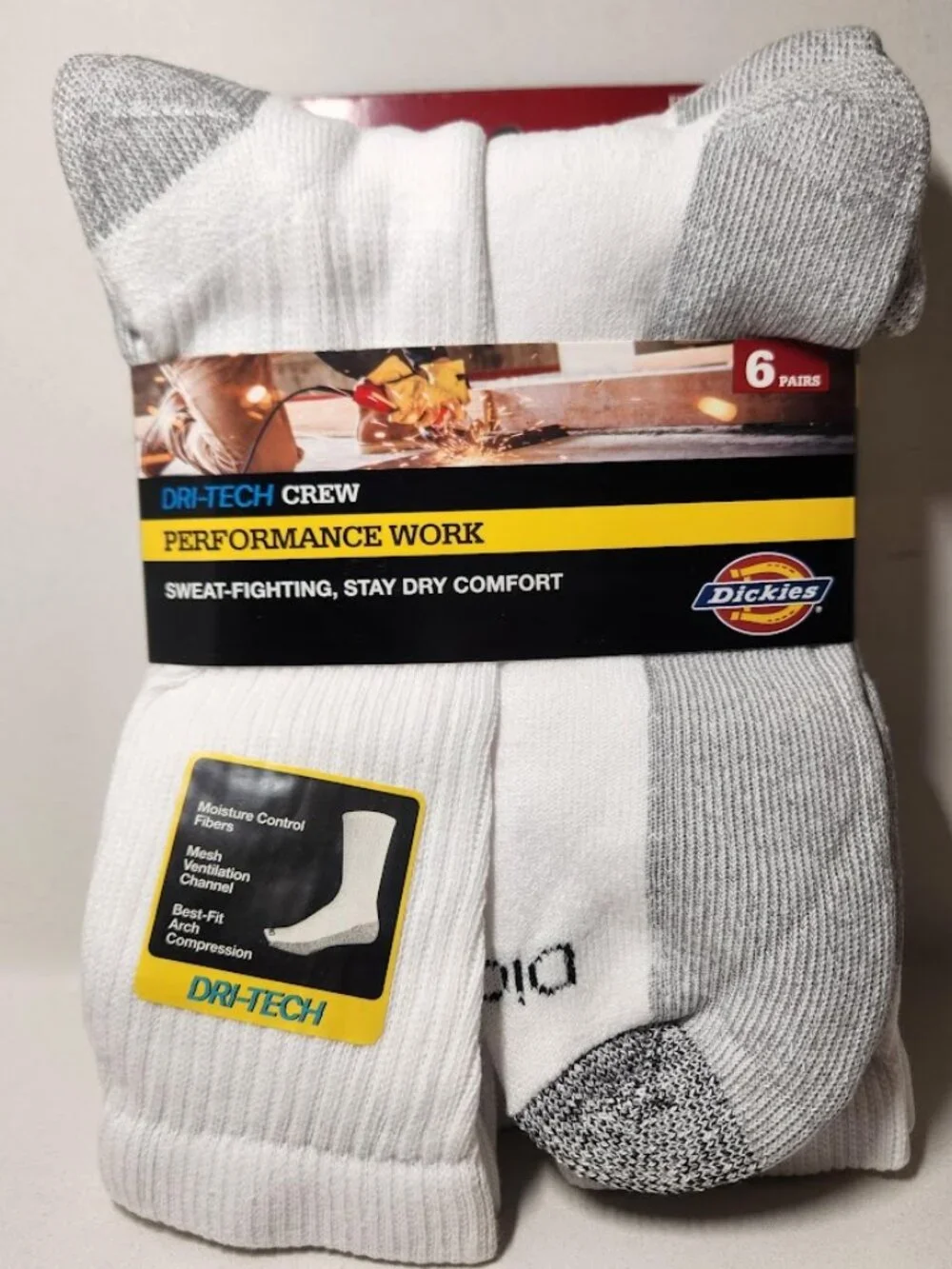 NEW Dickies Men's Dri-Tech Moisture Control Crew Socks 6 Pack Size XL White Soft